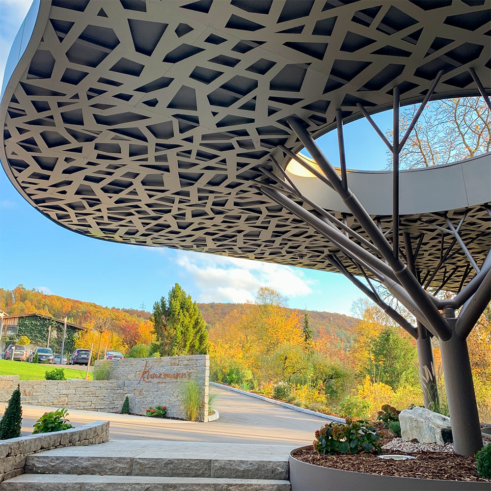 Blick aus dem Eingangsbereich unter dem Baum-Vordach des Hoteleingangs Bad Bocklet