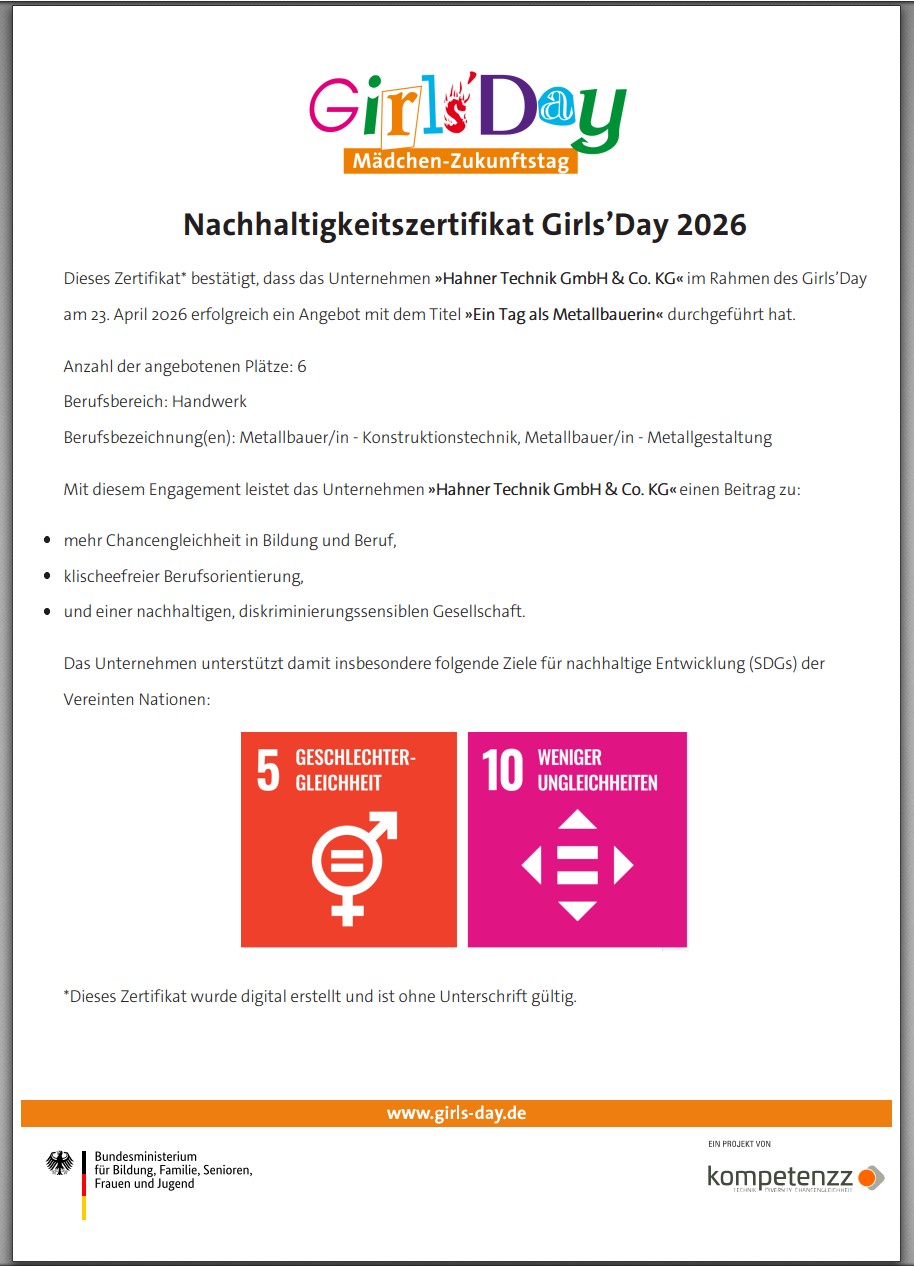 Nachhaltigkeitszertifikat - Girls Day 